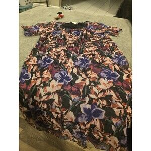 Terra Sky Midi Dress Womens 2x Purple Smocked Waist Lined Prairie Peasant GUC